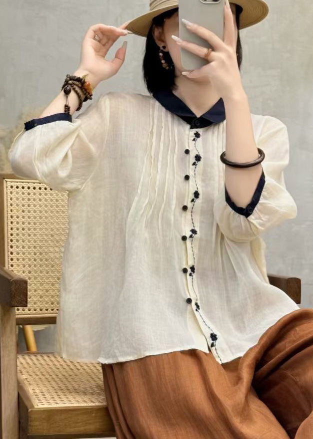Orange Embroidered Patchwork Wrinkled Linen Blouses Bracelet Sleeve