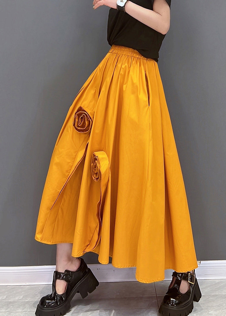 Orange Elastic Waist Pockets Cotton a Line Skirt Summer