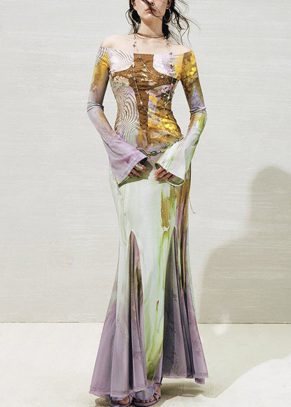 Slash Neck Print Tulle Patchwork Long Dresses Fall