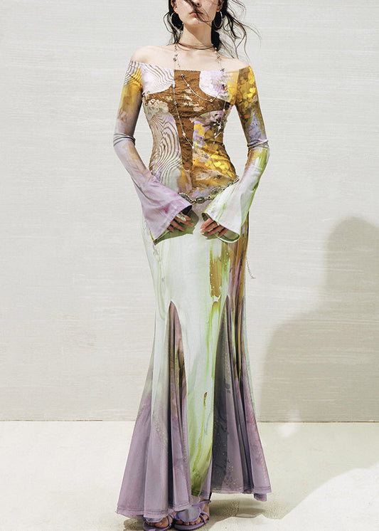 Slash Neck Print Tulle Patchwork Long Dresses Fall