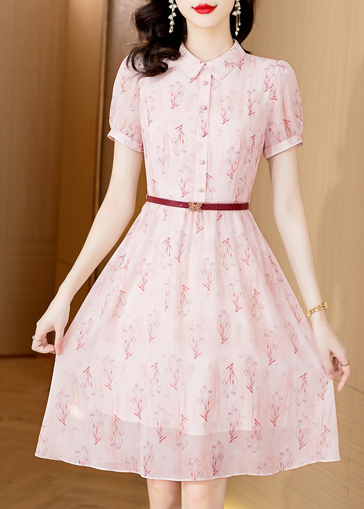 Pink Peter Pan Collar Print Chiffon Shirts Dress Short Sleeve