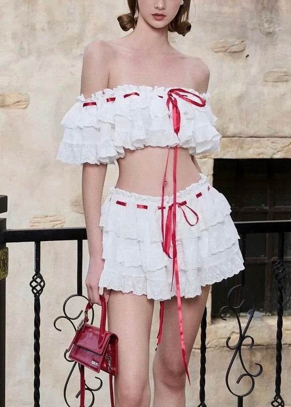 White Ruffled Lace Up Cotton Two Piece Set Summer