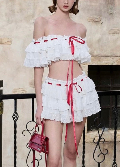 White Ruffled Lace Up Cotton Two Piece Set Summer