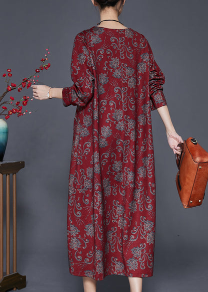 Red Print Cotton Long Dresses O-neck Oversized Fall