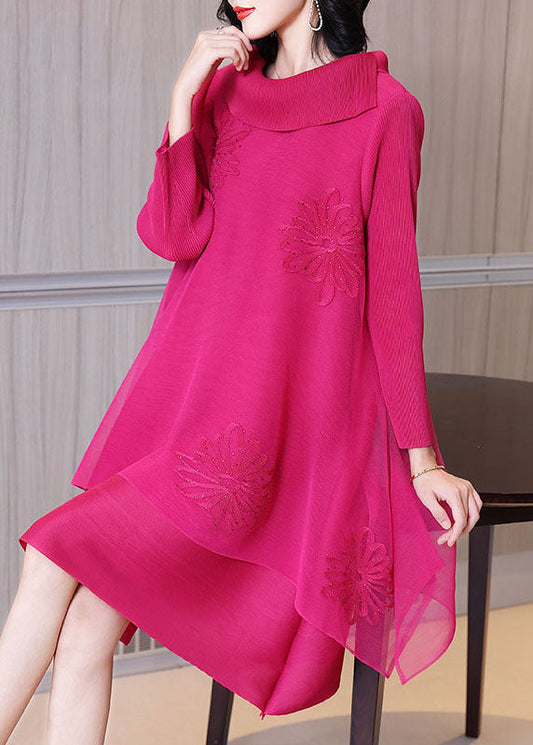 Rose Asymmetrical Patchwork Nail Bead Tulle Vacation Long Dresses Long Sleeve