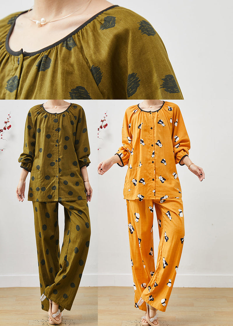 Dull Green Print Cotton Two Pieces Set Oversized Fall