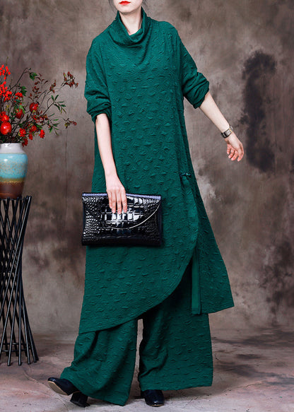 Simple Green Turtleneck Asymmetrical Silk Top and Wide Leg Pants Two Piece Set Fall