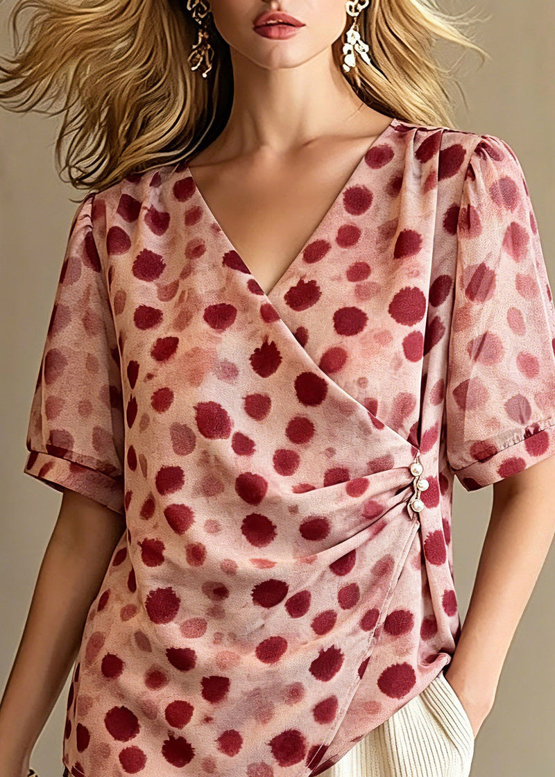Red V Neck Print Top Summer