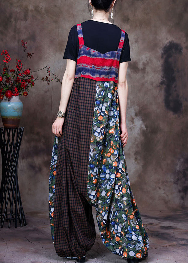 Stylish Green Patchwork Plaid Print Linen Overalls Jumpsuit and Cotton Tanks Two Piece Set Summer
