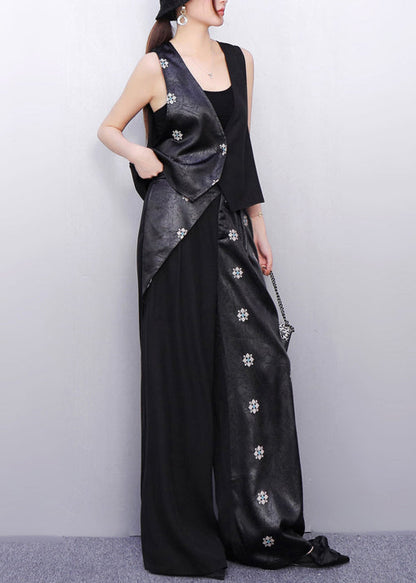 Minimalist Noir Asymmetry Vest and Wide-leg Pants Bloom