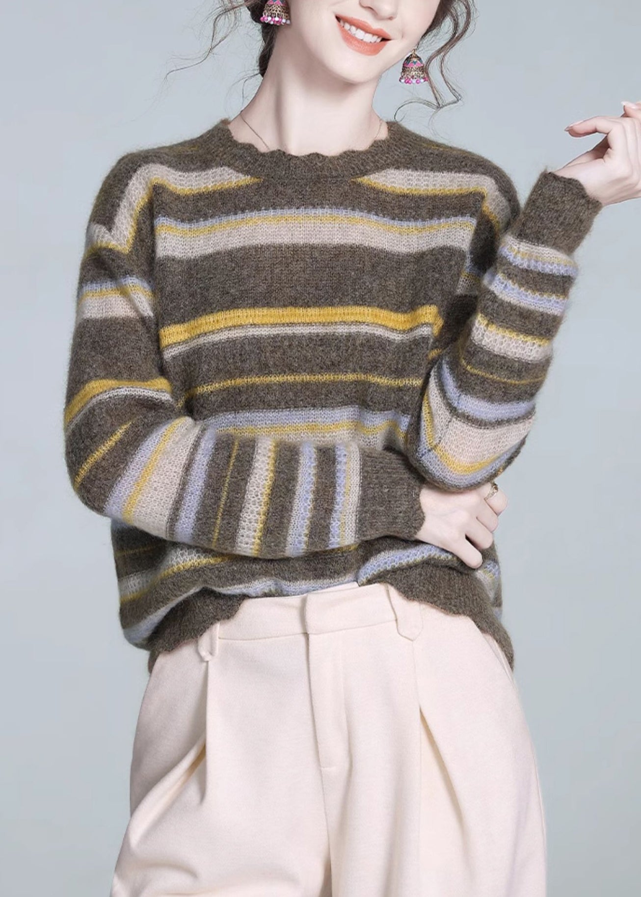 Striped O-neck Cozy Wool Knit Sweaters Winter