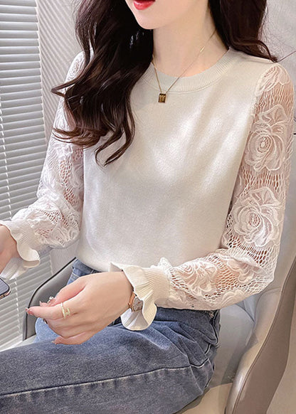 White O-neck Hollow Out Tops Long Sleeve