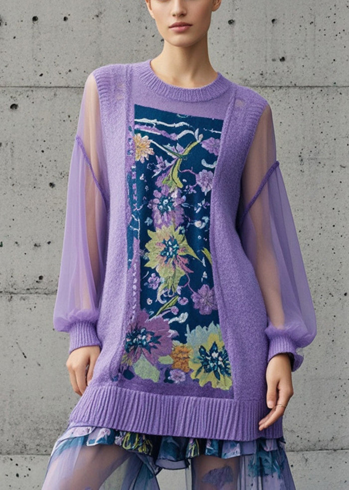 Purple Print Patchwork Tulle Long Sweaters Fall