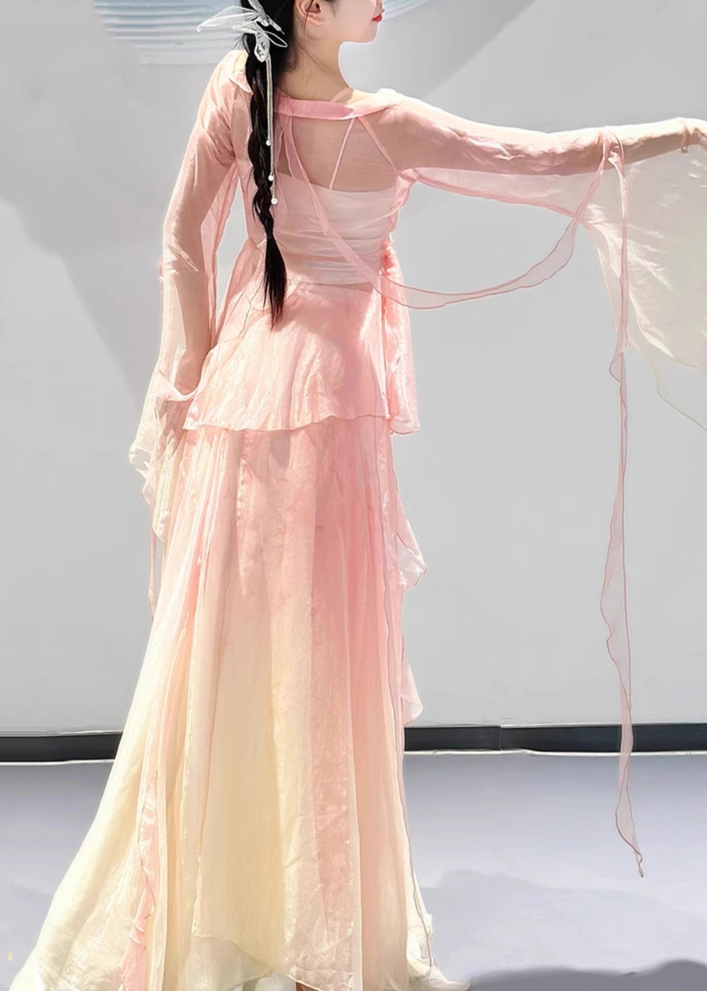 Gradient Color Pink V Neck Silk Top and Maxi Skirts Two Pieces Set Flare Sleeve