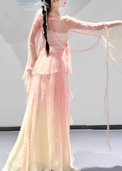 Gradient Color Pink V Neck Silk Top and Maxi Skirts Two Pieces Set Flare Sleeve