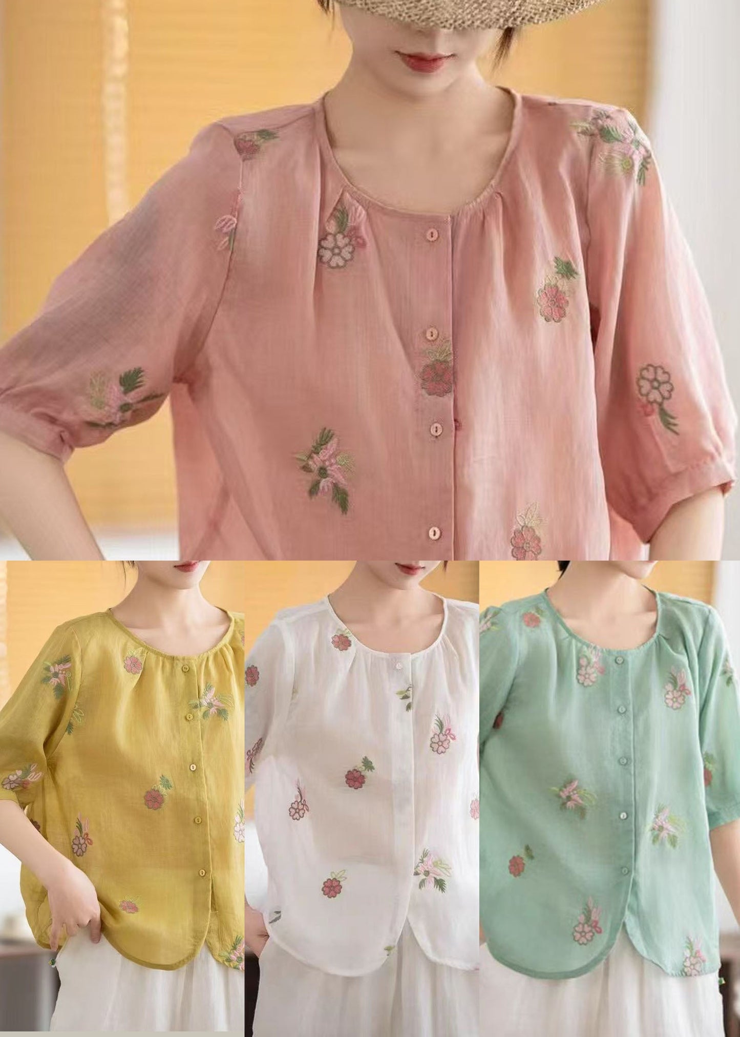 Fine Yellow O-neck Embroidered Linen Tops Summer