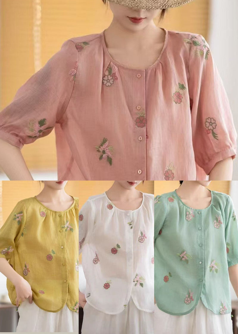 Green Embroidered Linen Top Half Sleeve