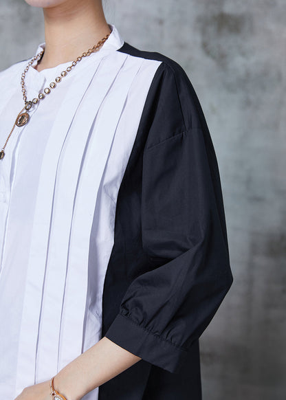Unique Colorblock Oversized Patchwork Wrinkled Cotton Shirt Bracelet Sleeve