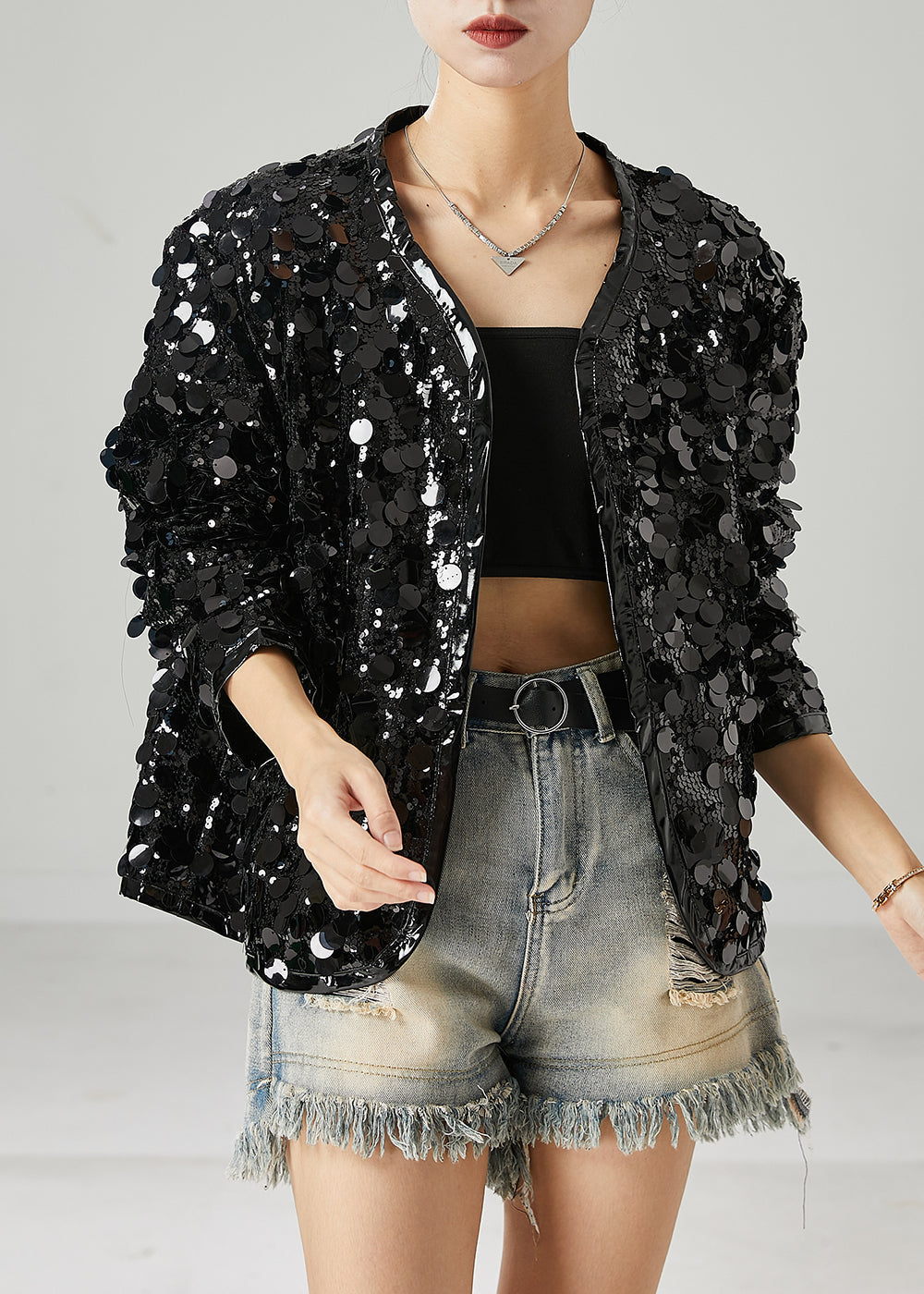 Black Sequins Oversized Coat Spring