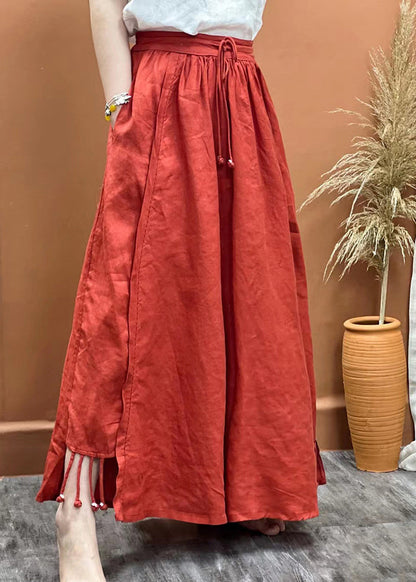 Blue Elastic Waist Drawstring Tassel Pockets Linen Skirts Spring