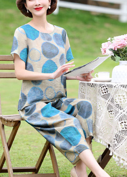 Blue O-neck Dot Print Linen Tops and Crop Pants Two Pieces Set Short Sleeve