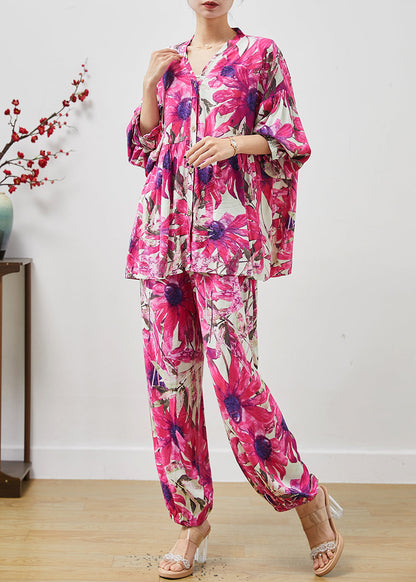 Purple V Neck Print Cotton Two Pieces Set Summer
