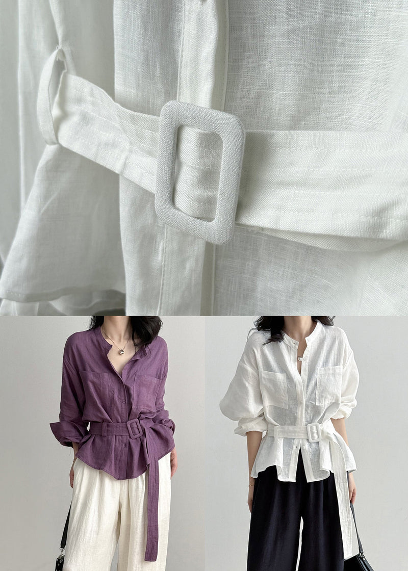 Loose White Pockets Tie Waist Linen Shirt Fall