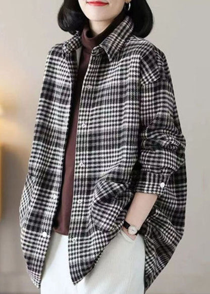 Black Peter Pan Collar Plaid Pockets Patchwork Warm Fleece Thick Shirts Winter