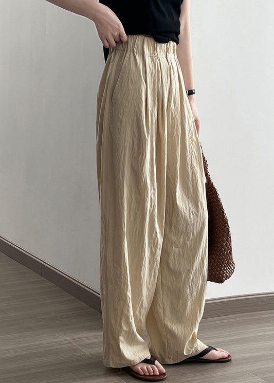 Khaki High Waist Wrinkled Cotton Wide Leg Pants Fall