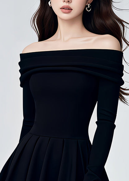 Black Cold Shoulder Knit a Line Mid Dresses Fall