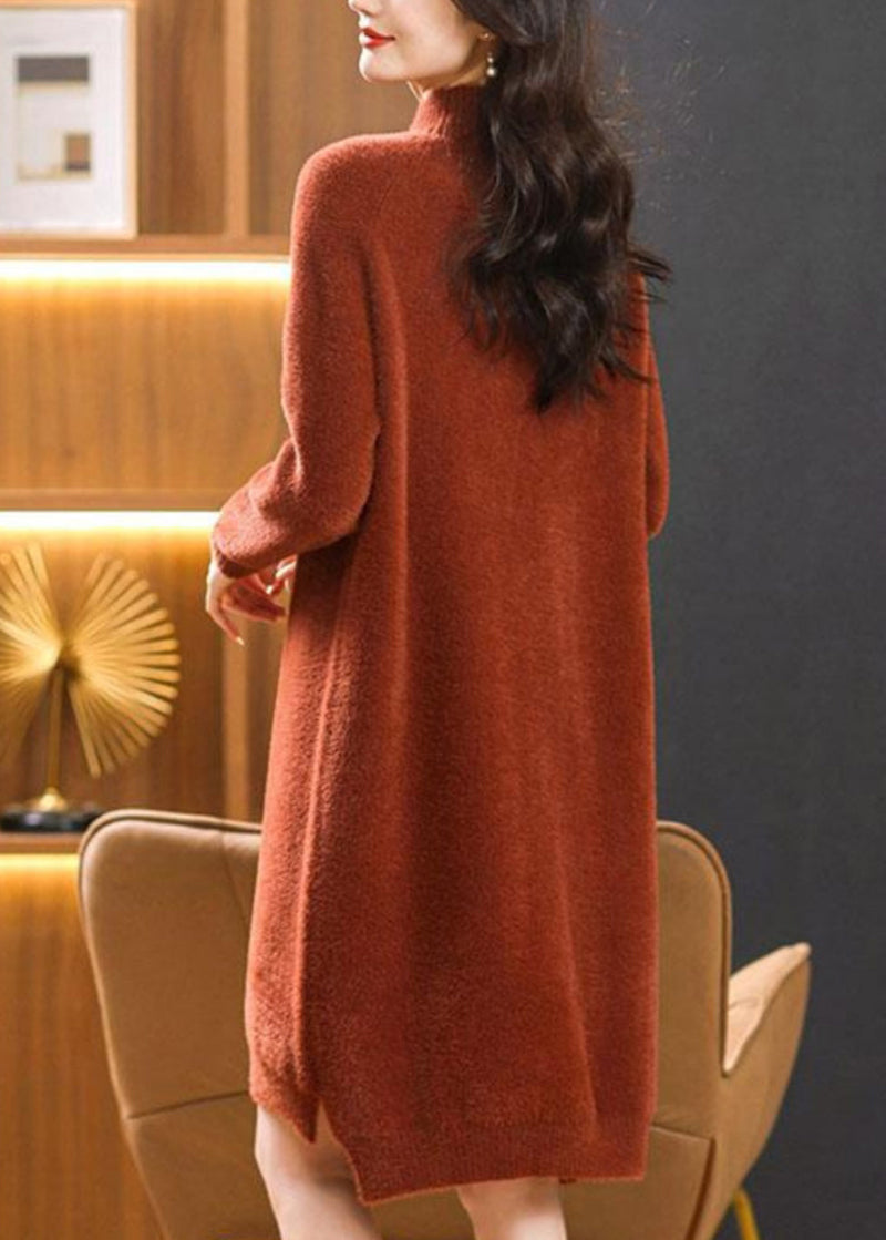 Caramel Hign Neck Mink Hair Knitwear Sweaters Dress Spring