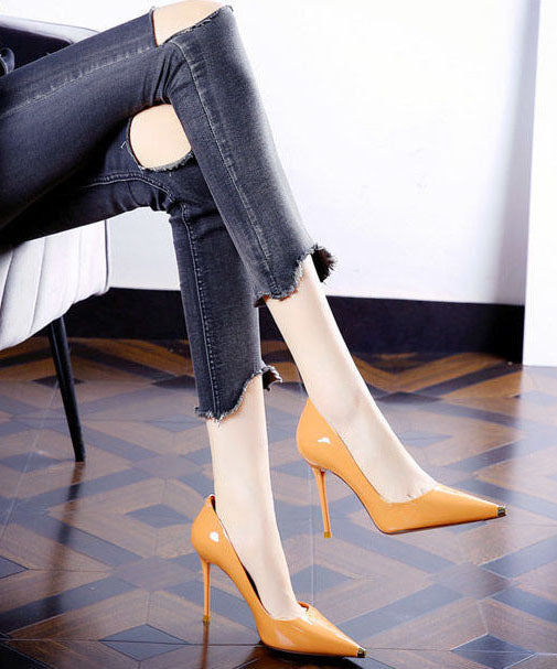 Pointed Toe Stiletto High Heels Orange Cowhide Leather