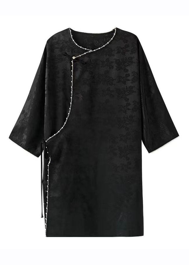 Art Black O-neck Nail Bead Silk Mid Dress Long Sleeve