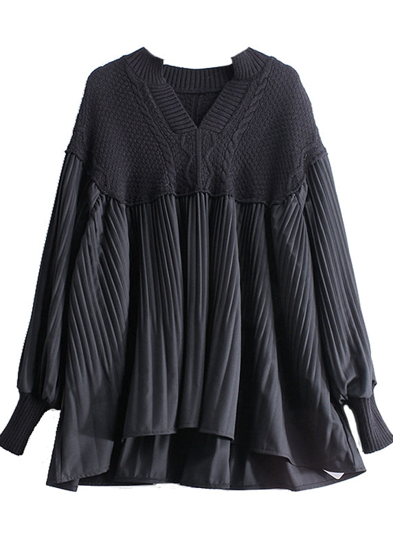 Black Patchwork Wrinkled Loose Knitted Tops Long Sleeve