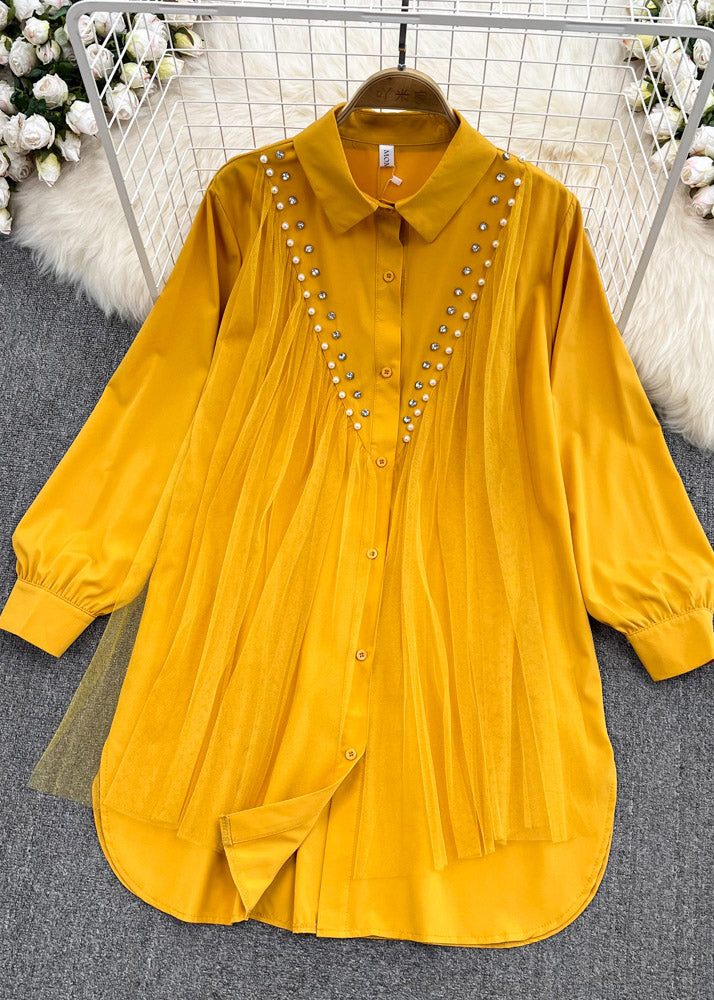 Yellow Peter Pan Collar Patchwork Button Tulle Shirts Long Sleeve