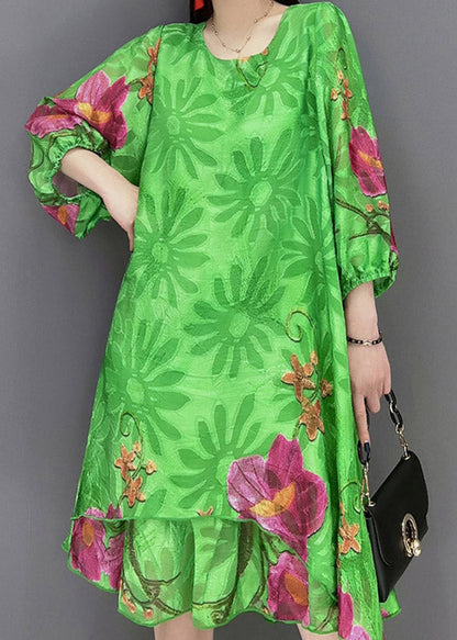 Green O Neck Print Chiffon Tops and Shorts Two Pieces Three Quarter Sleeve
