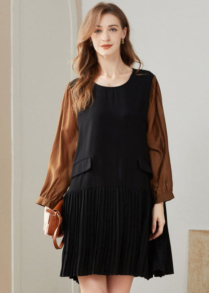 Modern Colorblock O-neck Oversized Patchwork Chiffon Pleated Dress Spring