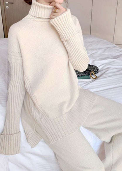 French Apricot Hign Neck Tops and Pants Knit Two Pieces Set Autumn