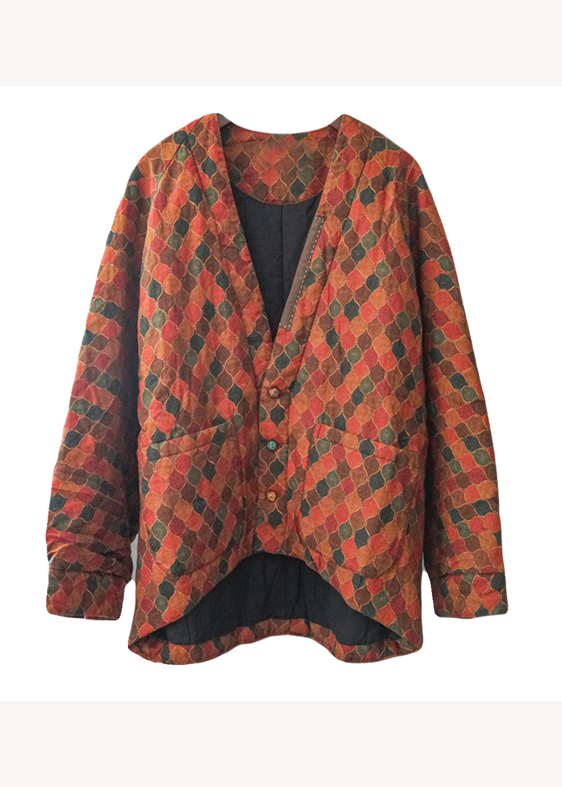 Handmade Orange V Neck Print Pockets Fine Cotton Filled Jacket Batwing Sleeve