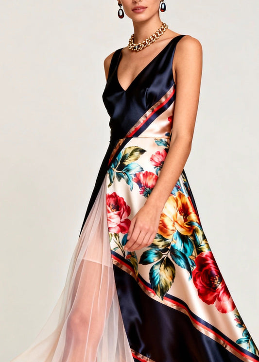 V Neck Print Tulle Patchwork Silk Long Dress Sleeveless