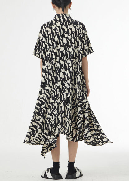 French Black Asymmetrical Print Patchwork Silk Cotton Shirts Dress Summer