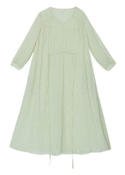 Organic Light Green V Neck Pockets Ankle Summer Linen Dress