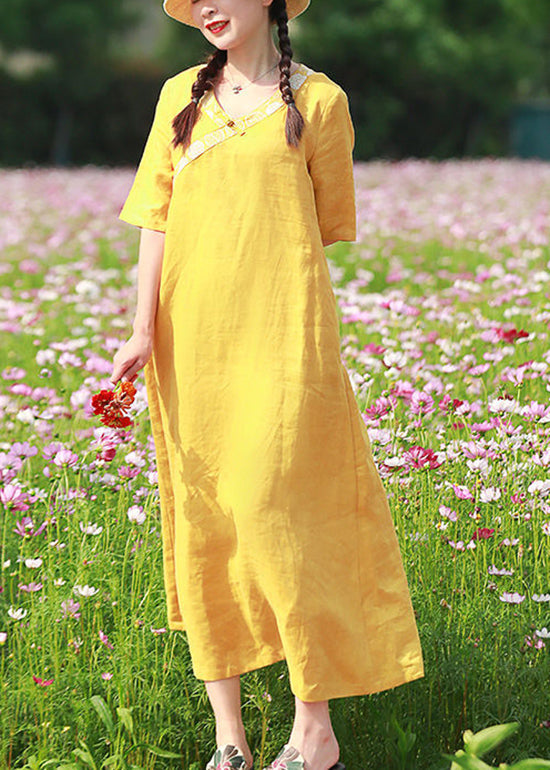 Yellow Embroideried V Neck Linen Vacation Dresses Short Sleeve