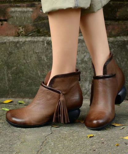 Tassel Splicing Chunky Ankle Boots Brown Cowhide Leather