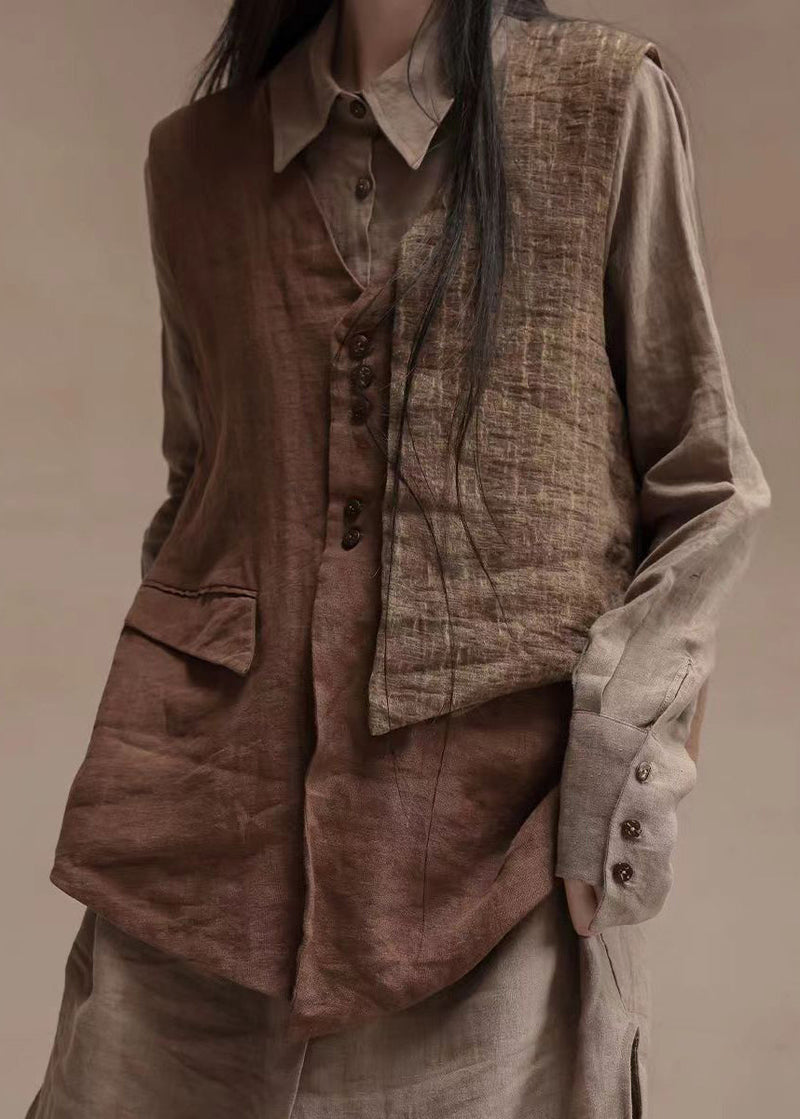 Brown V Neck Asymmetrical Design Patchwork Linen Waistcoat Top Sleeveless