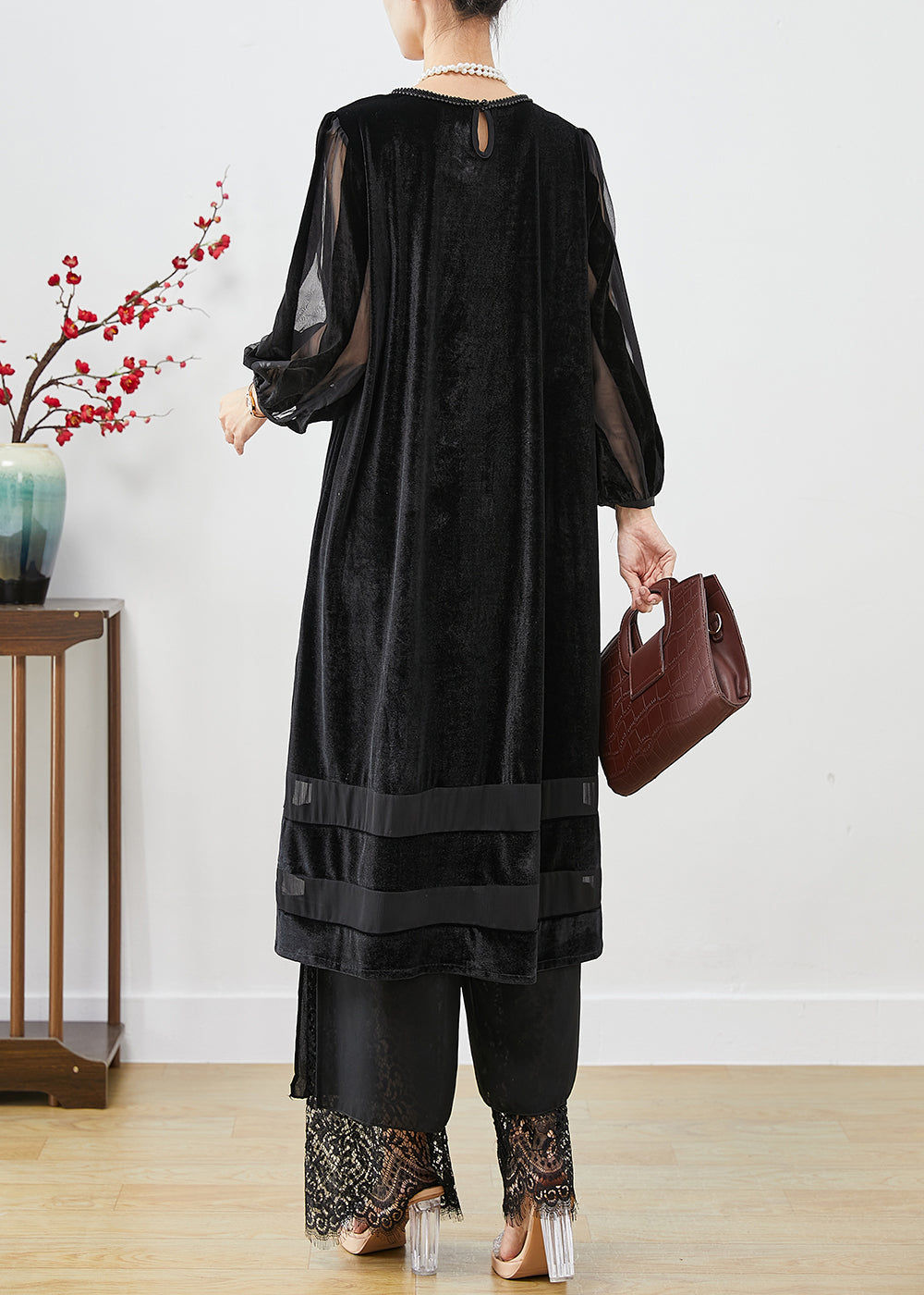 Black Hollow Out Patchwork Silk Velour Maxi Dresses Bracelet Sleeve Spring