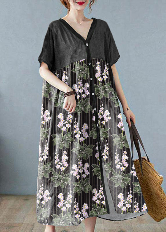 Black Flower Retro Button Summer Print Half Sleeve Maxi Dress