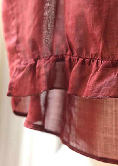 Red V Neck Wrinkled Low High Design Linen Shirts Short Sleeve