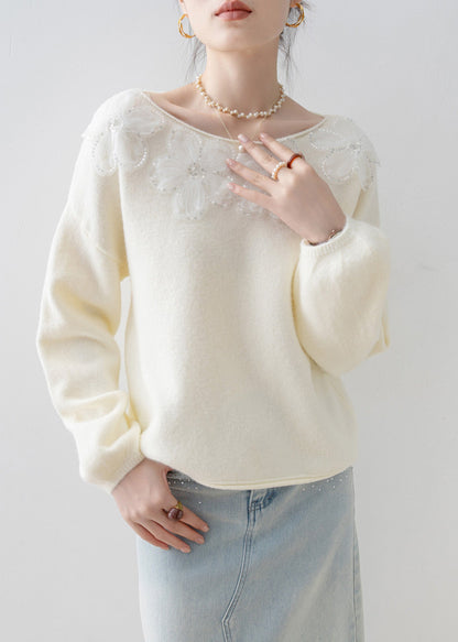 New White O Neck Sequins Knitted Tops Spring
