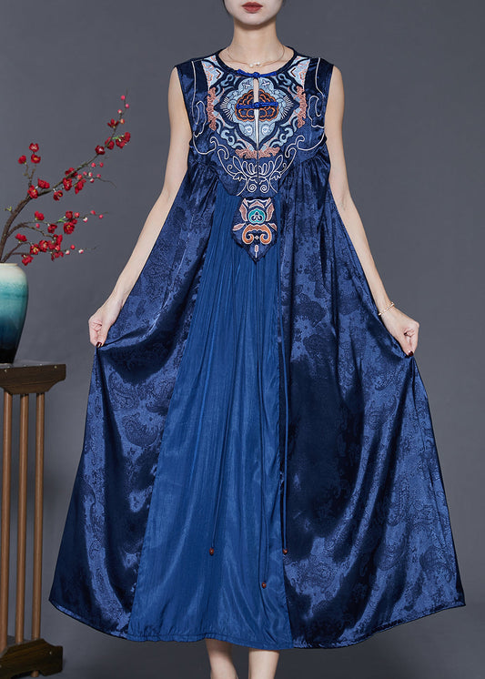 Blue Embroidered Patchwork Silk Dress Sleeveless